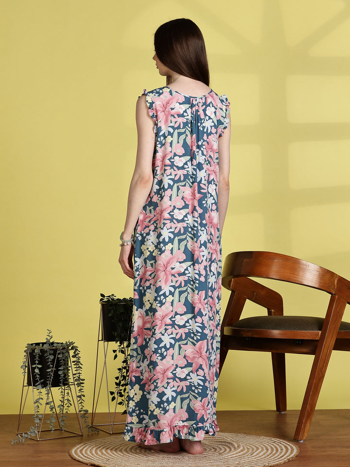 Rayon Floral Aqua Blue Sleeveless Nighty for Women
