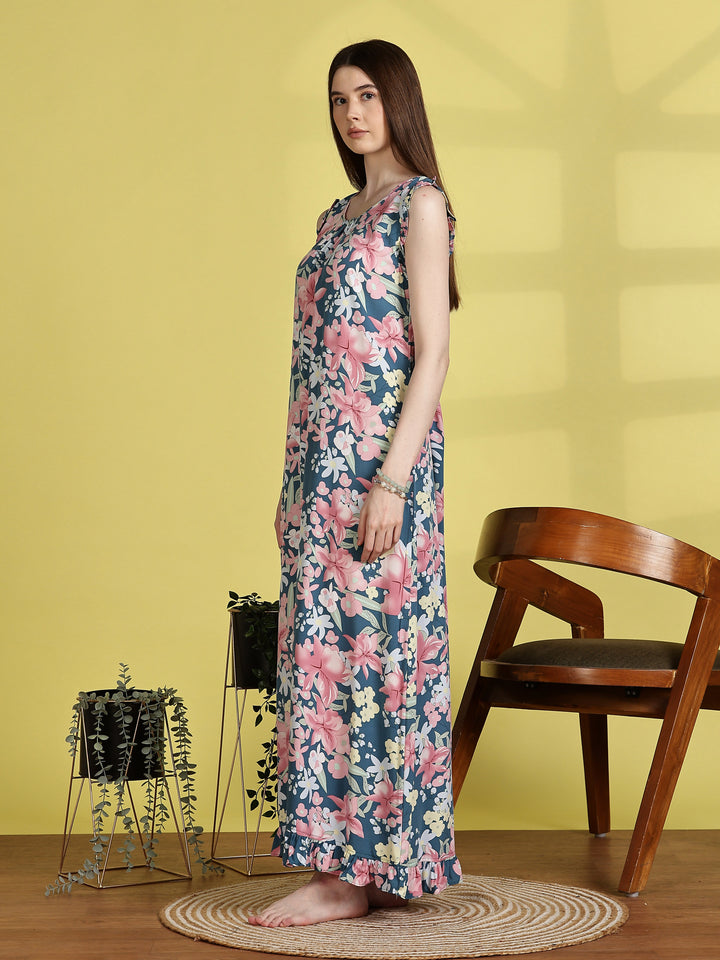 Rayon Floral Aqua Blue Sleeveless Nighty for Women