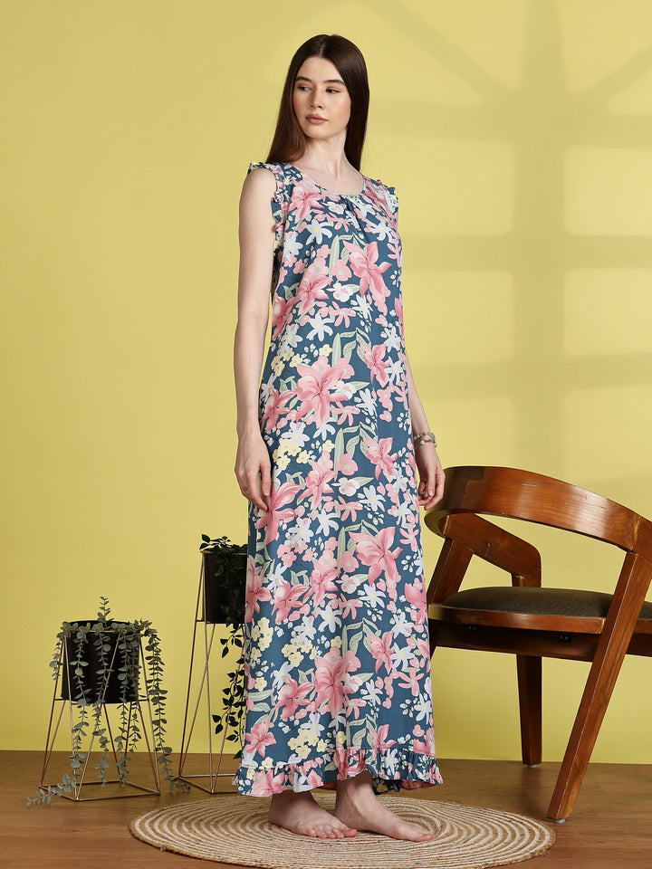 Rayon Floral Aqua Blue Sleeveless Nighty for Women