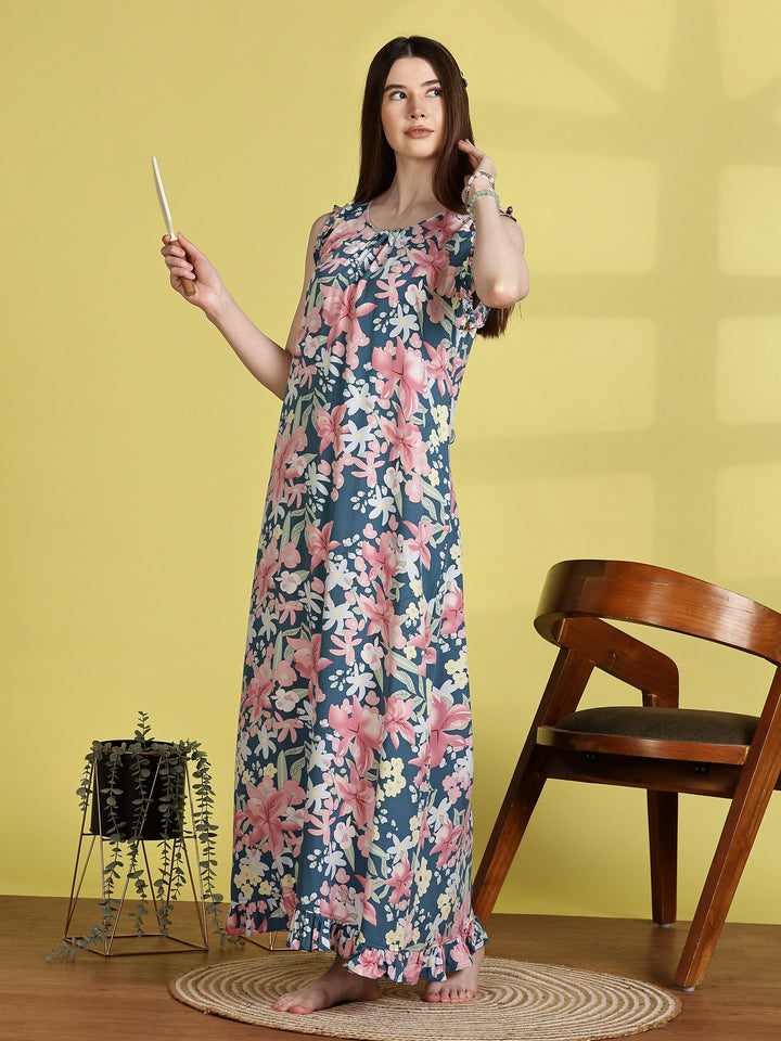 Rayon Floral Aqua Blue Sleeveless Nighty for Women
