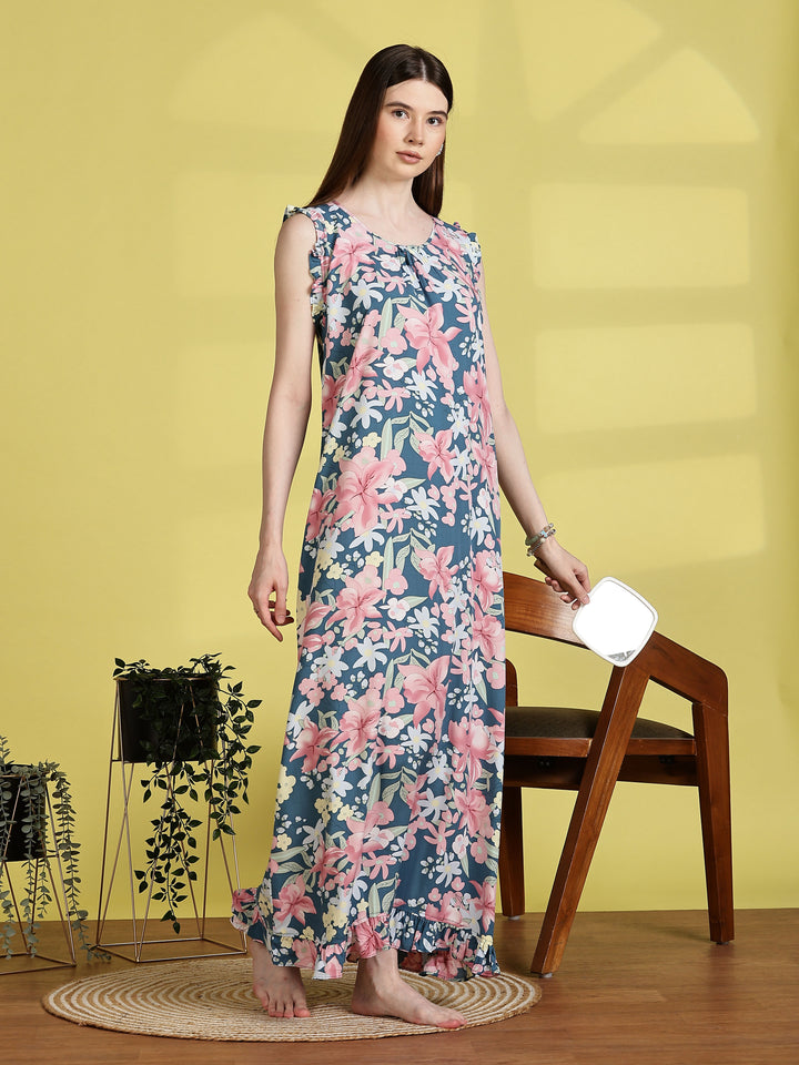 Rayon Floral Aqua Blue Sleeveless Nighty for Women