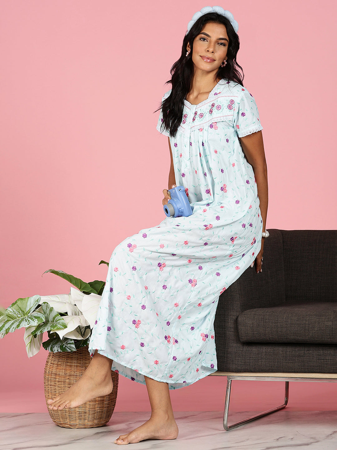 Aqua Sky Blue Pure Cotton Nighty Online With Embroidery