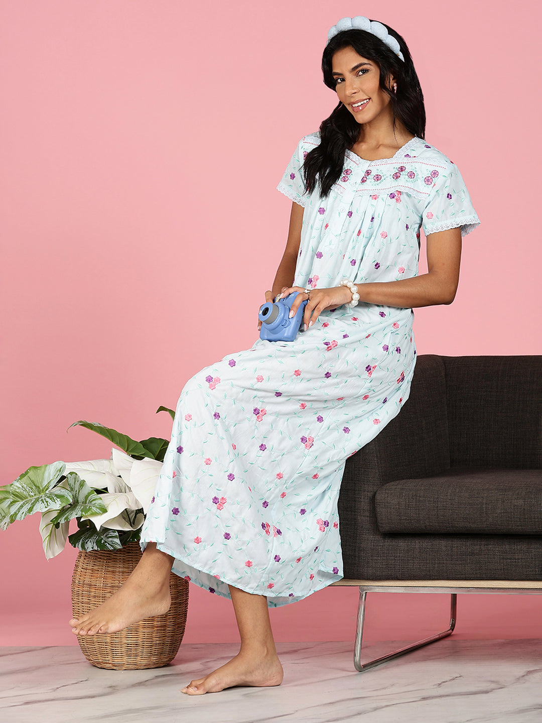 Aqua Sky Blue Pure Cotton Nighty Online With Embroidery