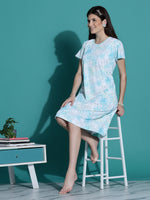 Gloss Malai Aqua White Floral Nighty for Women with Pocket and Stretch Fit
