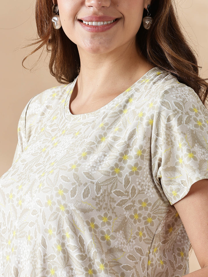 Gloss Malai Vintage Yellow Floral Nighty for Women in Soft