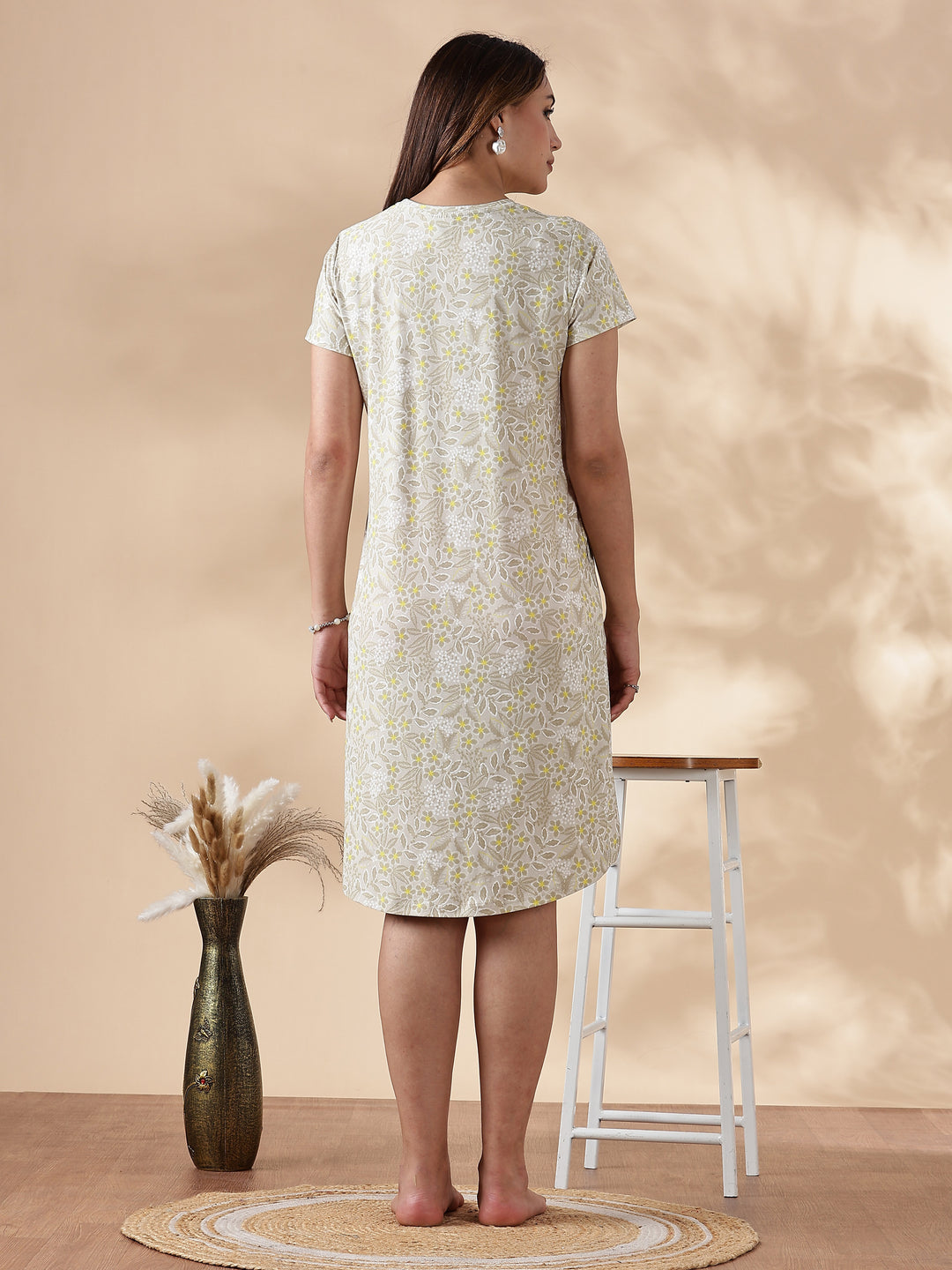 Gloss Malai Vintage Yellow Floral Nighty for Women in Soft