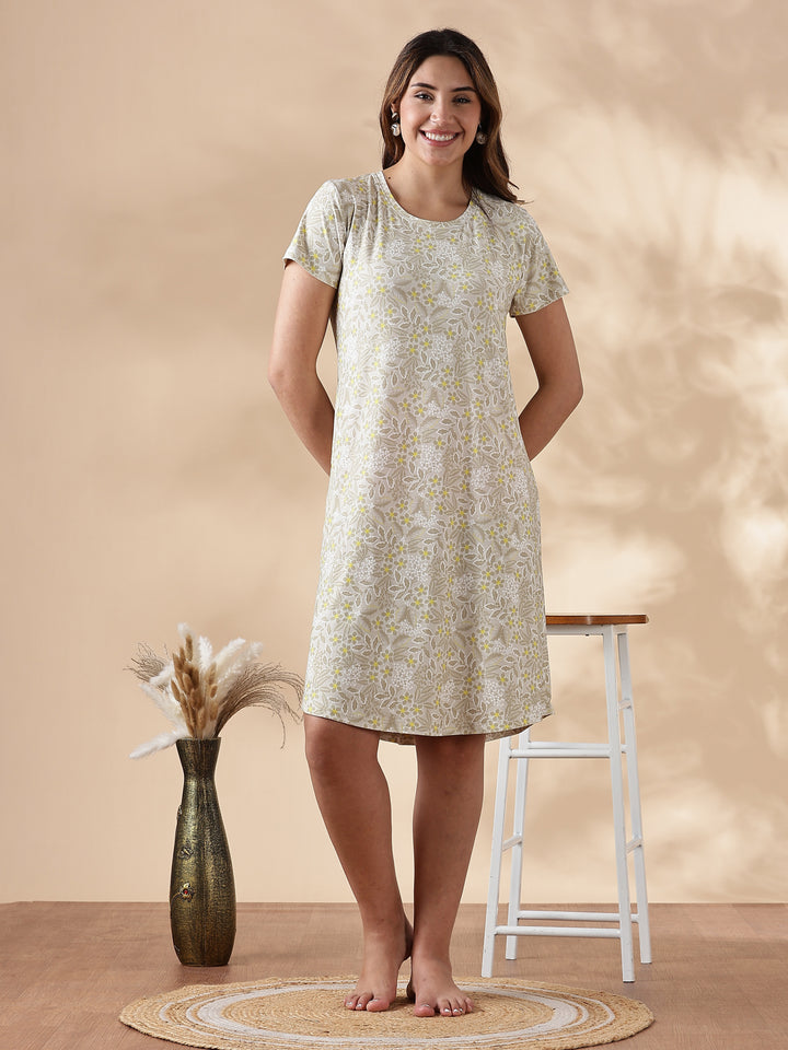 Gloss Malai Vintage Yellow Floral Nighty for Women in Soft