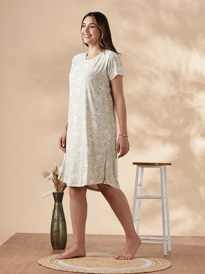 Gloss Malai Vintage Yellow Floral Nighty for Women in Soft