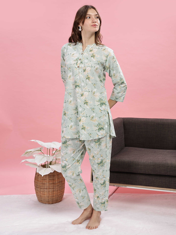 Pastel Green Cotton Pyjama Set for Women