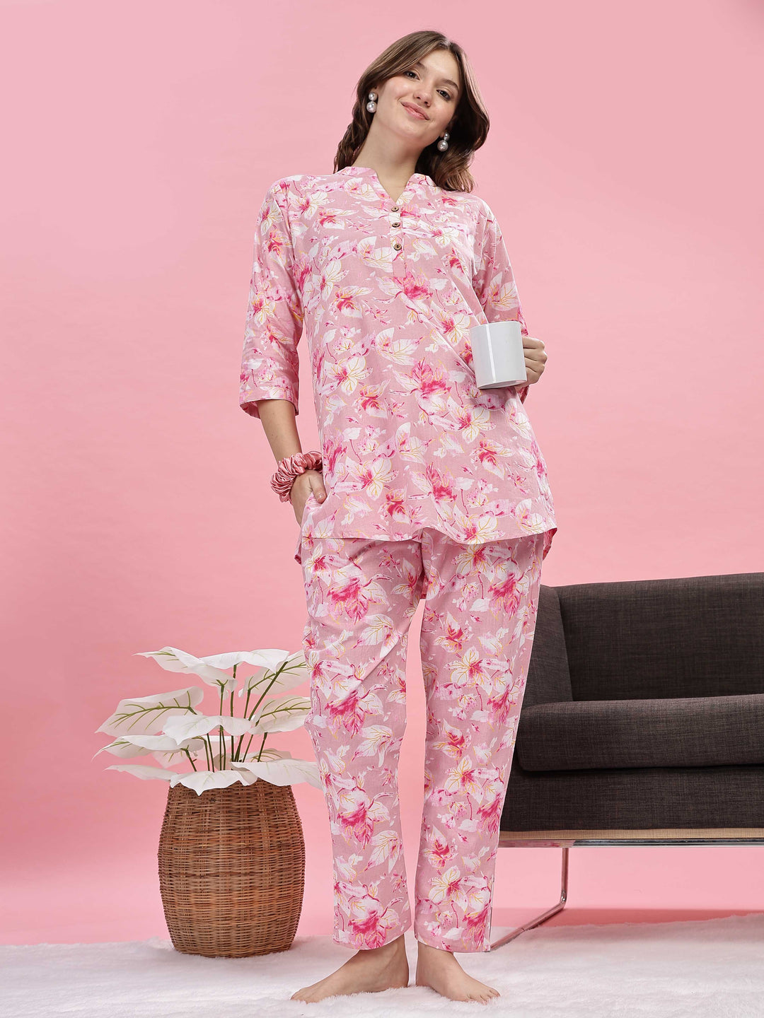 Soft Stylish Pink Cotton Pyjama Set for Women 