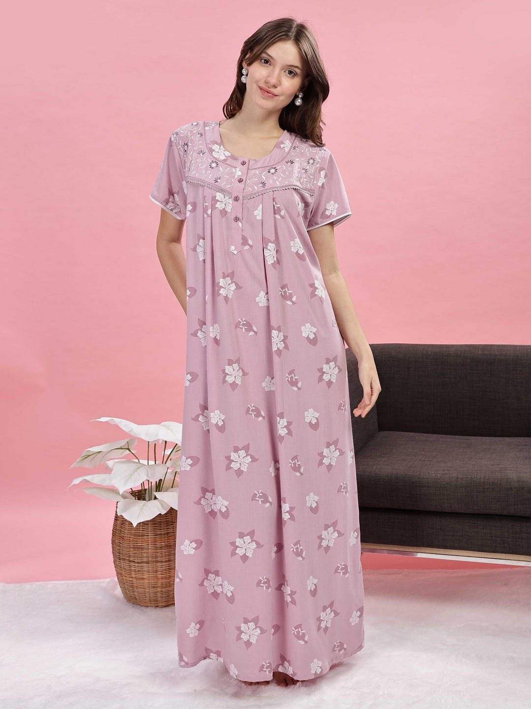 Lilac Floral Print Nighty with Button Placket and Comfortable Fit