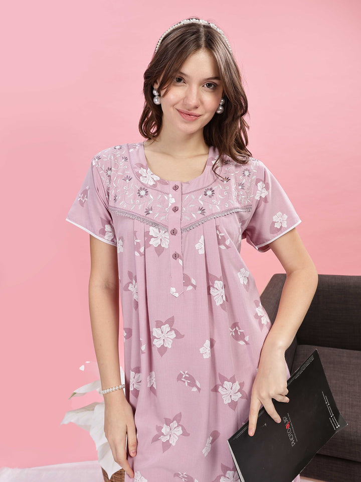 Lilac Floral Print Nighty with Button Placket and Comfortable Fit