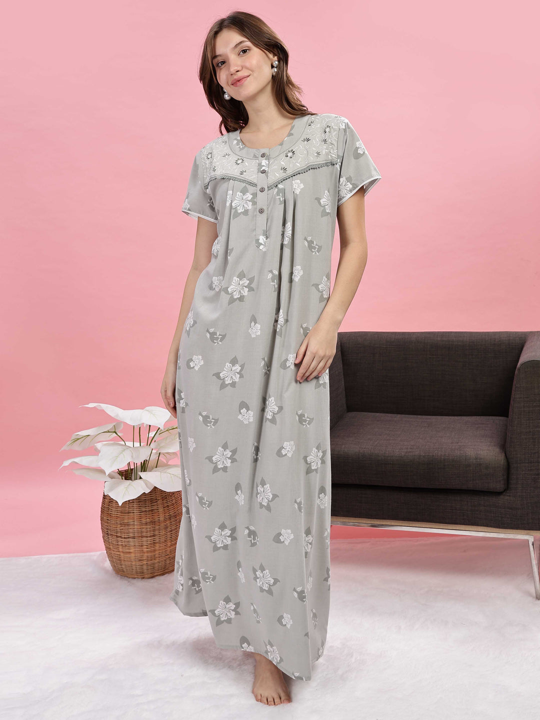 Light Green Designer Nighty with Elegant Embroidery and Floral Prints