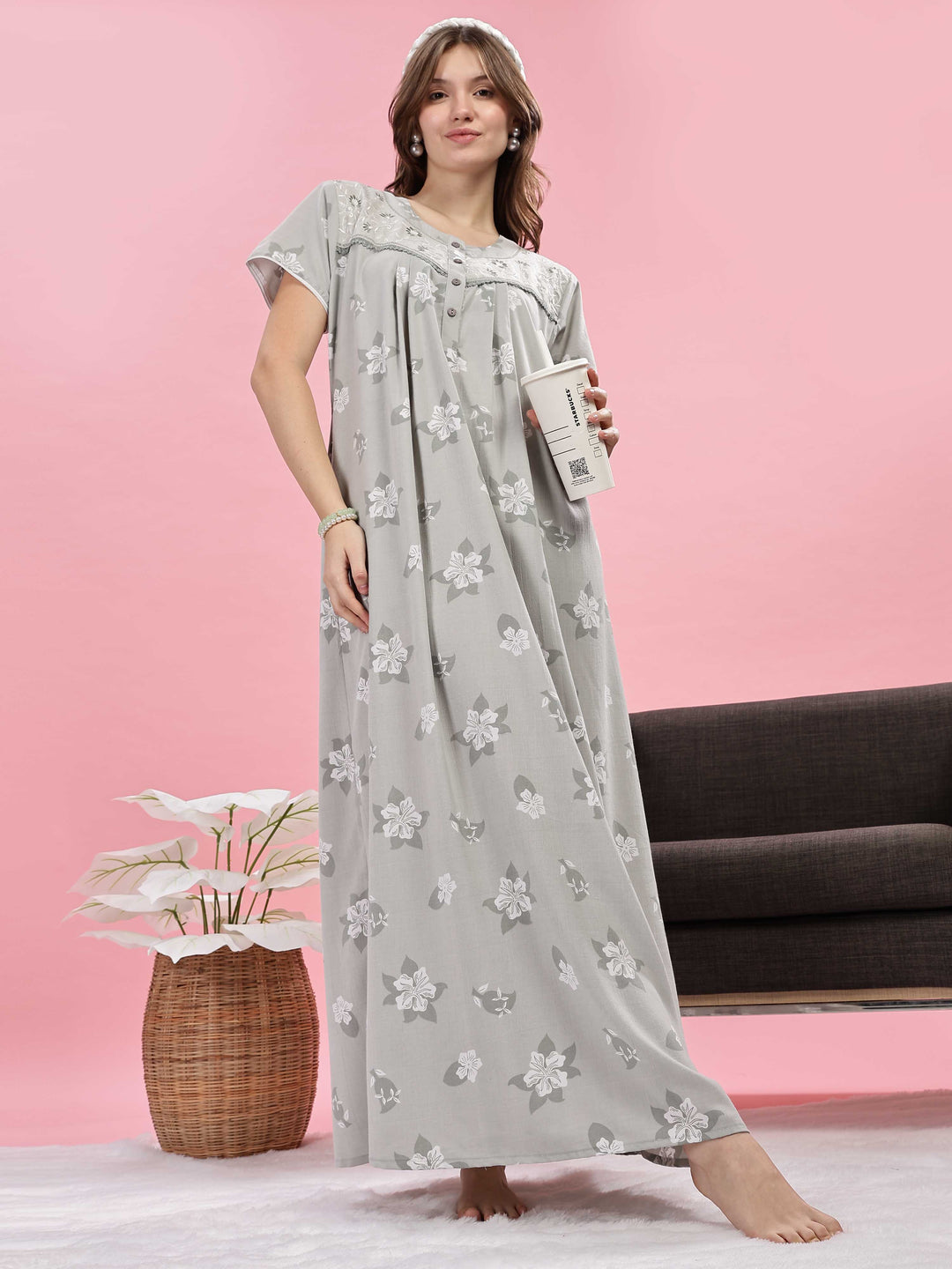 Light Green Designer Nighty with Elegant Embroidery and Floral Prints