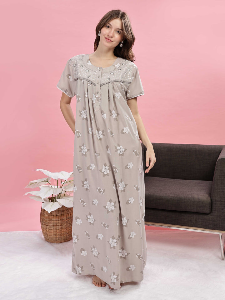 Beige Floral Maxi Nighty with Embroidered Yoke and Side Pocket