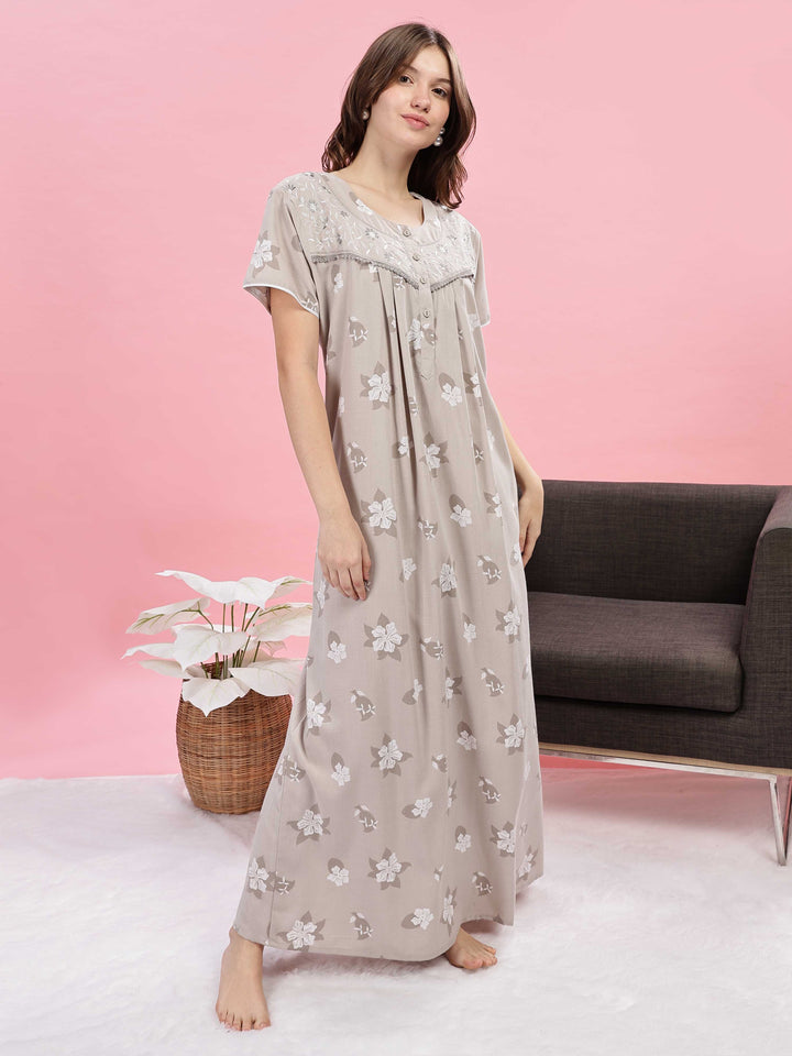 Beige Floral Maxi Nighty with Embroidered Yoke and Side Pocket