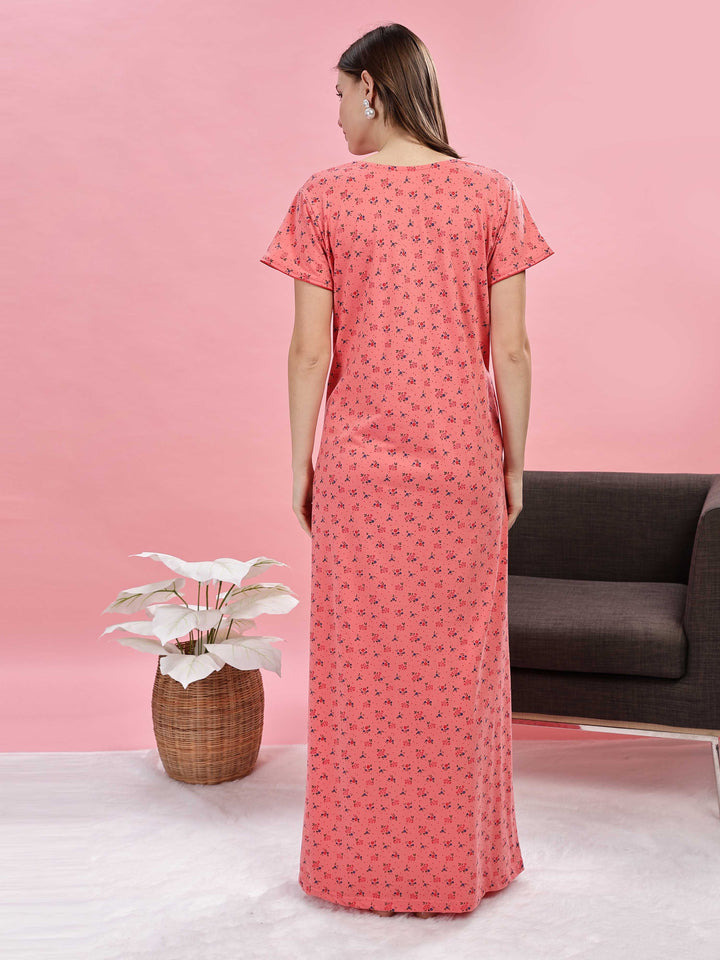 Peach Cotton Blend Maxi Nighty for Women with Lace Details