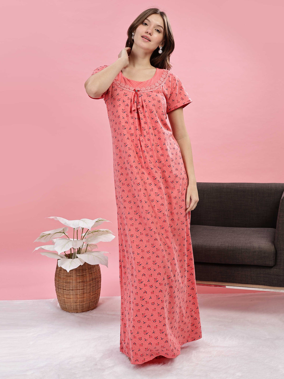 Peach Cotton Blend Maxi Nighty for Women with Lace Details