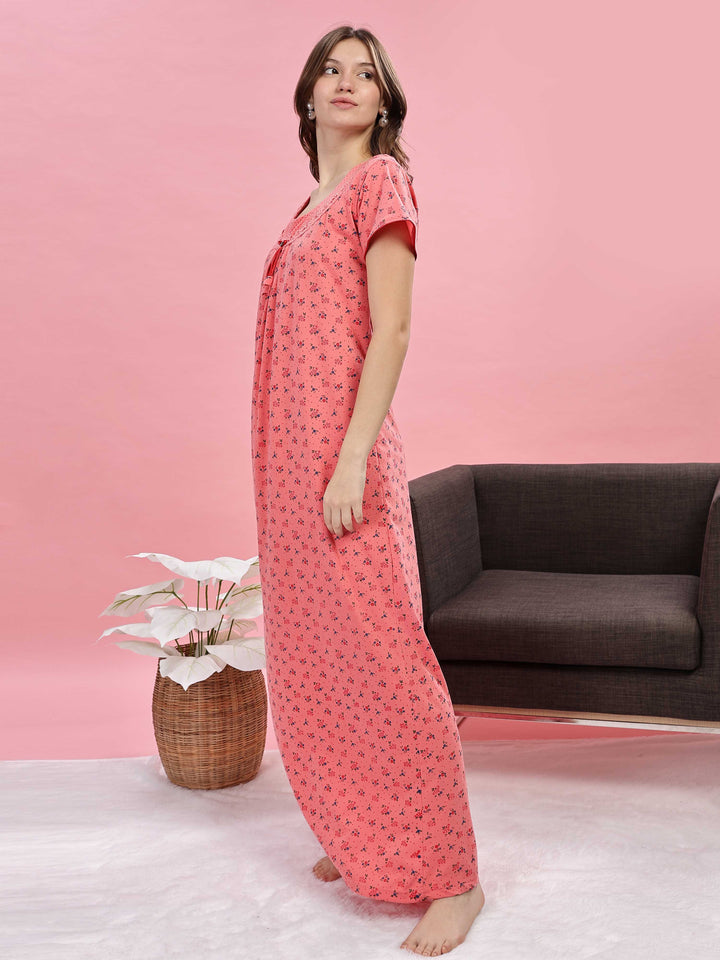 Peach Cotton Blend Maxi Nighty for Women with Lace Details