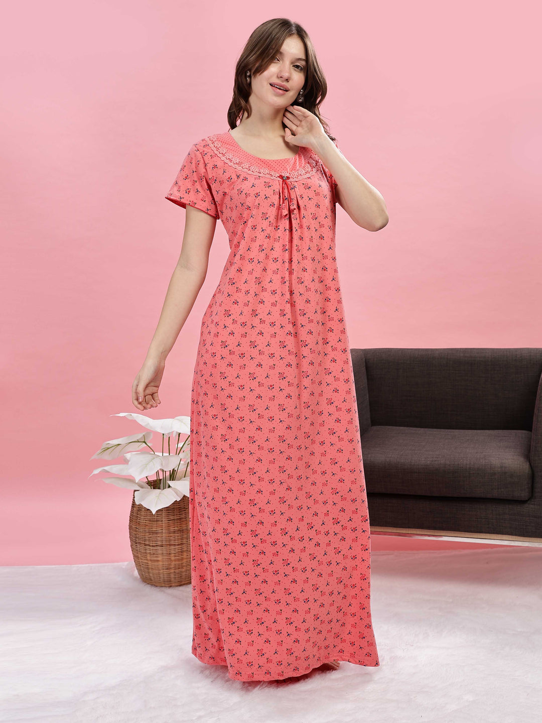 Peach Cotton Blend Maxi Nighty for Women with Lace Details