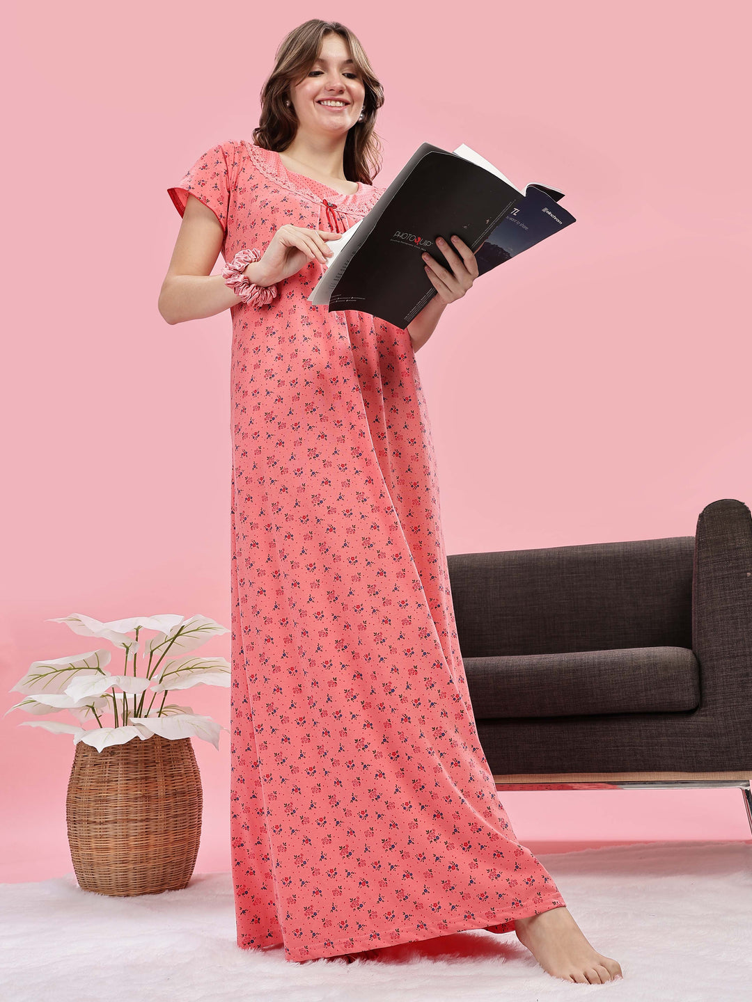 Peach Cotton Blend Maxi Nighty for Women with Lace Details