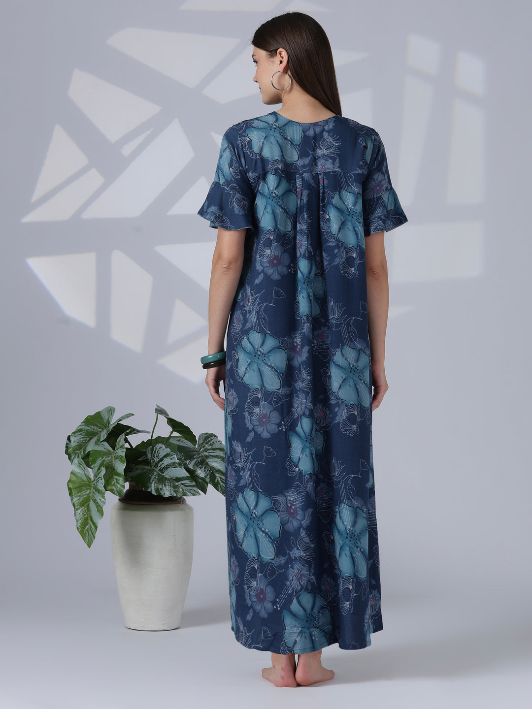 Noor Indigo Floral Embroidered Alpine Nighty for Women