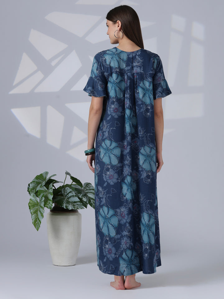 Noor Indigo Floral Embroidered Alpine Nighty for Women