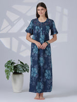 Noor Indigo Floral Embroidered Alpine Nighty for Women