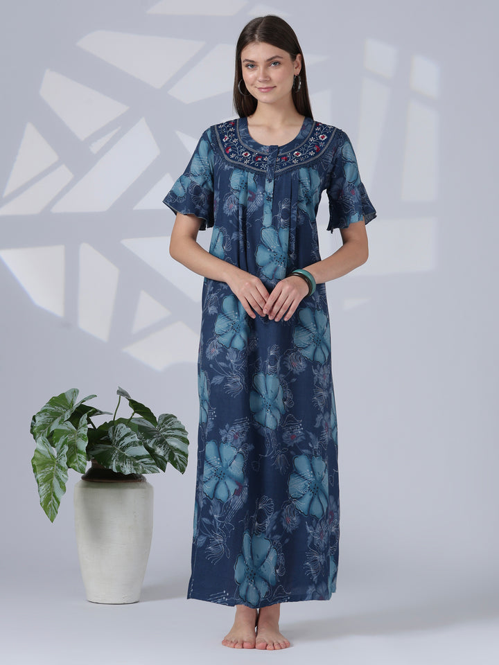 Noor Indigo Floral Embroidered Alpine Nighty for Women