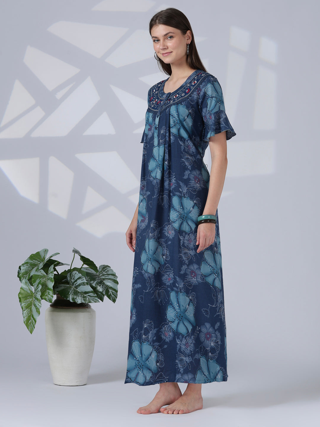 Noor Indigo Floral Embroidered Alpine Nighty for Women