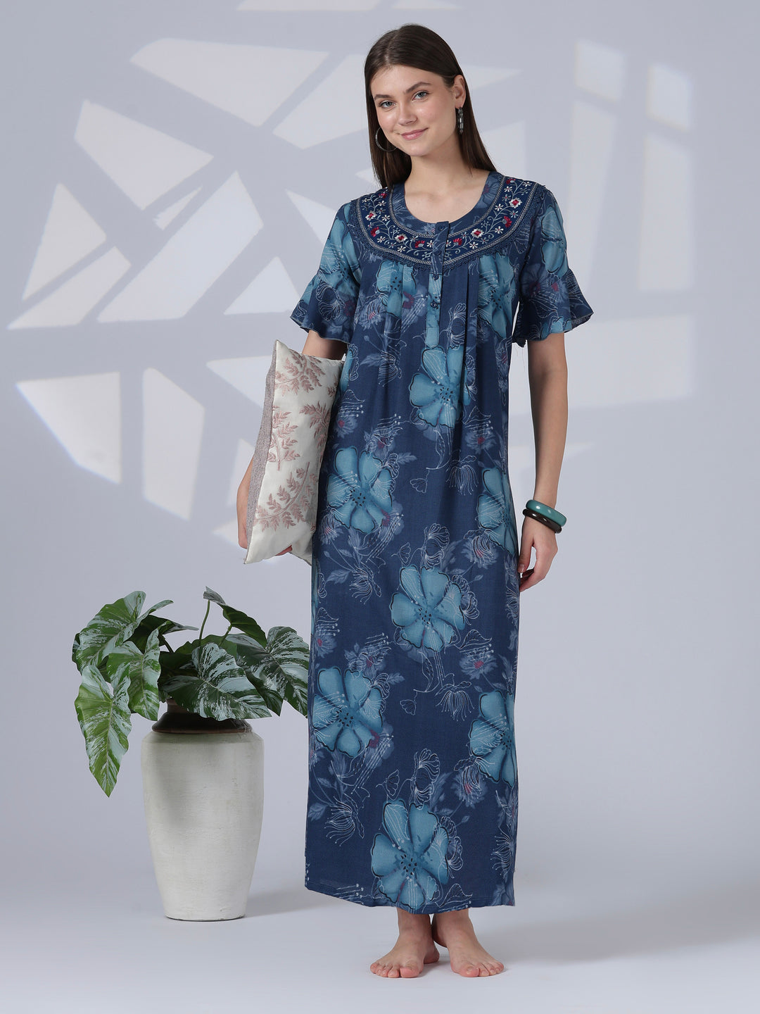 Noor Indigo Floral Embroidered Alpine Nighty for Women