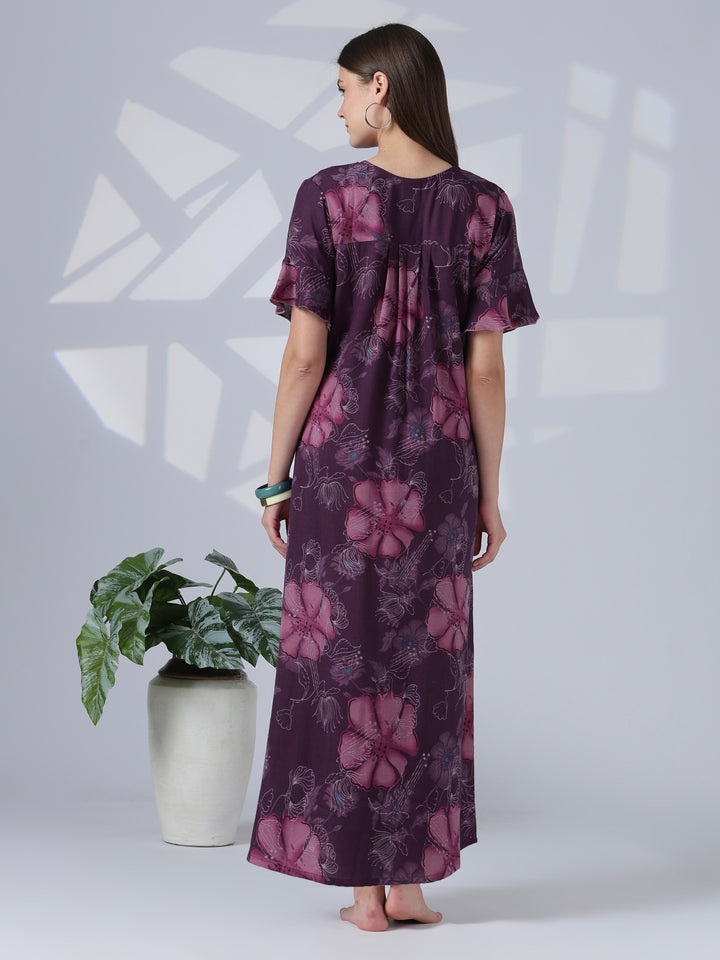 Noor Mulberry Floral Detail Alpine Nighty for Women