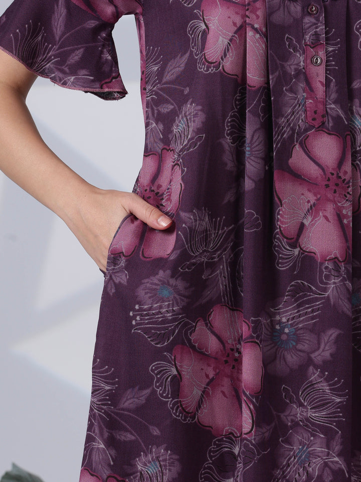 Noor Mulberry Floral Detail Alpine Nighty for Women