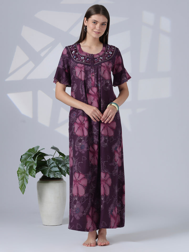 Noor Mulberry Floral Detail Alpine Nighty for Women