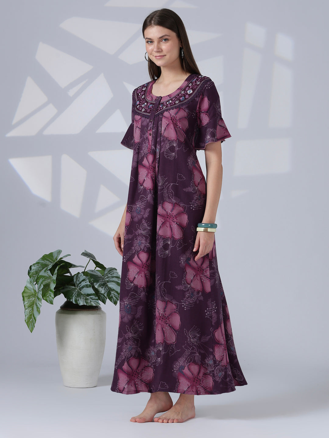 Noor Mulberry Floral Detail Alpine Nighty for Women