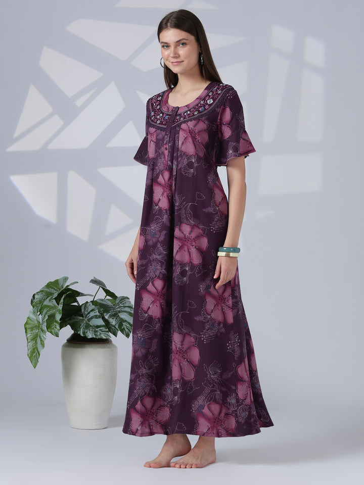 Noor Mulberry Floral Detail Alpine Nighty for Women