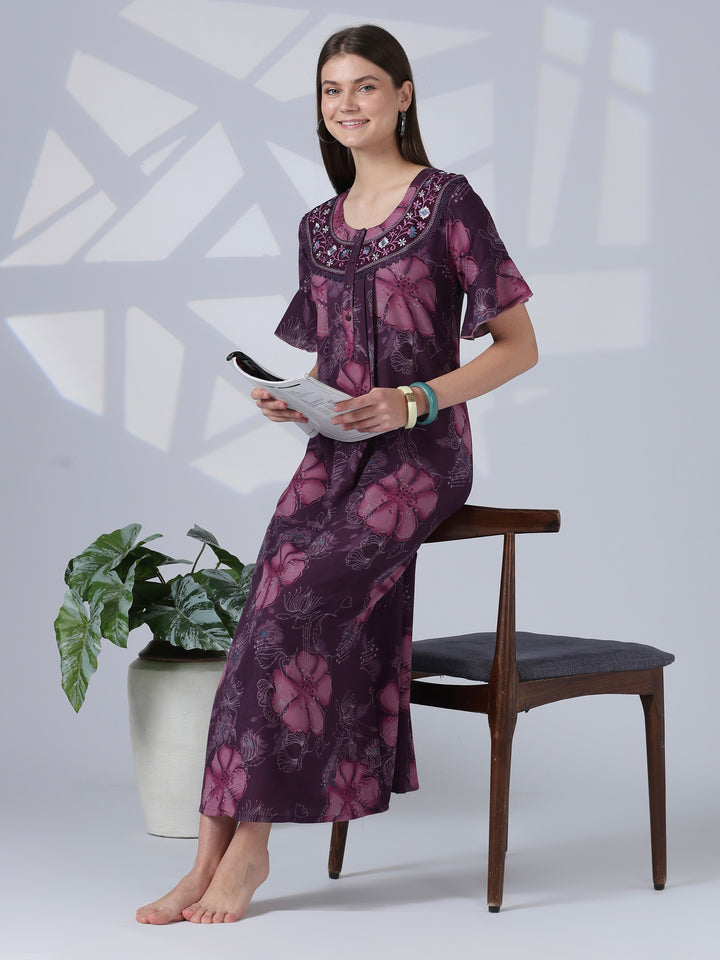 Noor Mulberry Floral Detail Alpine Nighty for Women