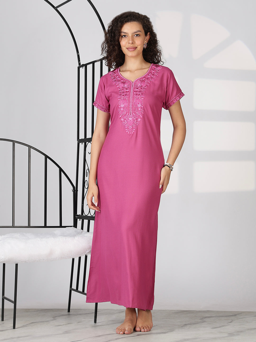 Sadabahar Rose Pink Designer Nighty with Beautiful Embroidery