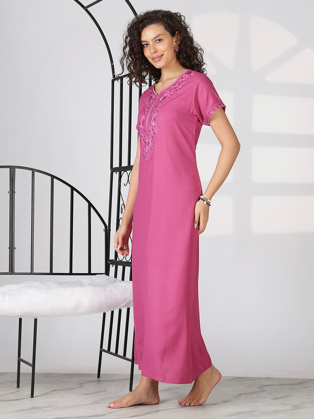 Sadabahar Rose Pink Designer Nighty with Beautiful Embroidery