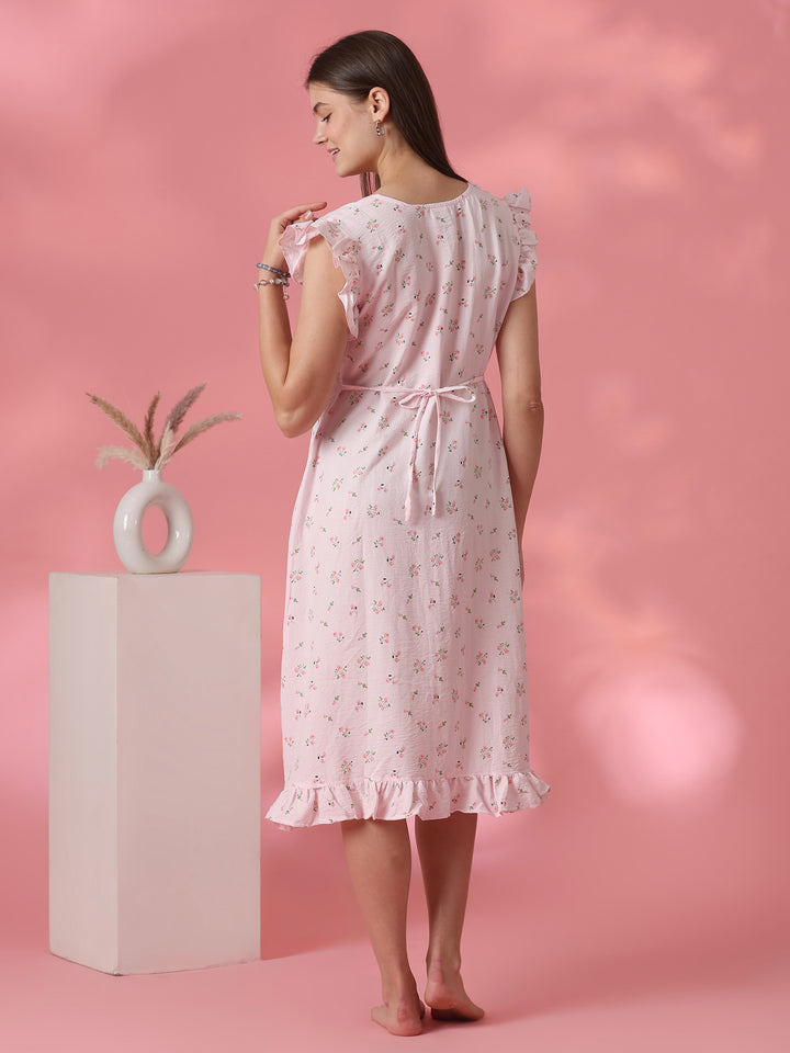 Floral Crush Cotton Short Cute Nighty for Women in Pastel Pink