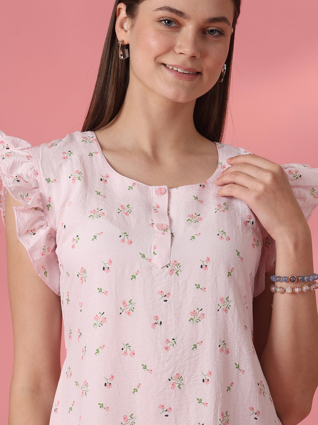 Floral Crush Cotton Short Cute Nighty for Women in Pastel Pink