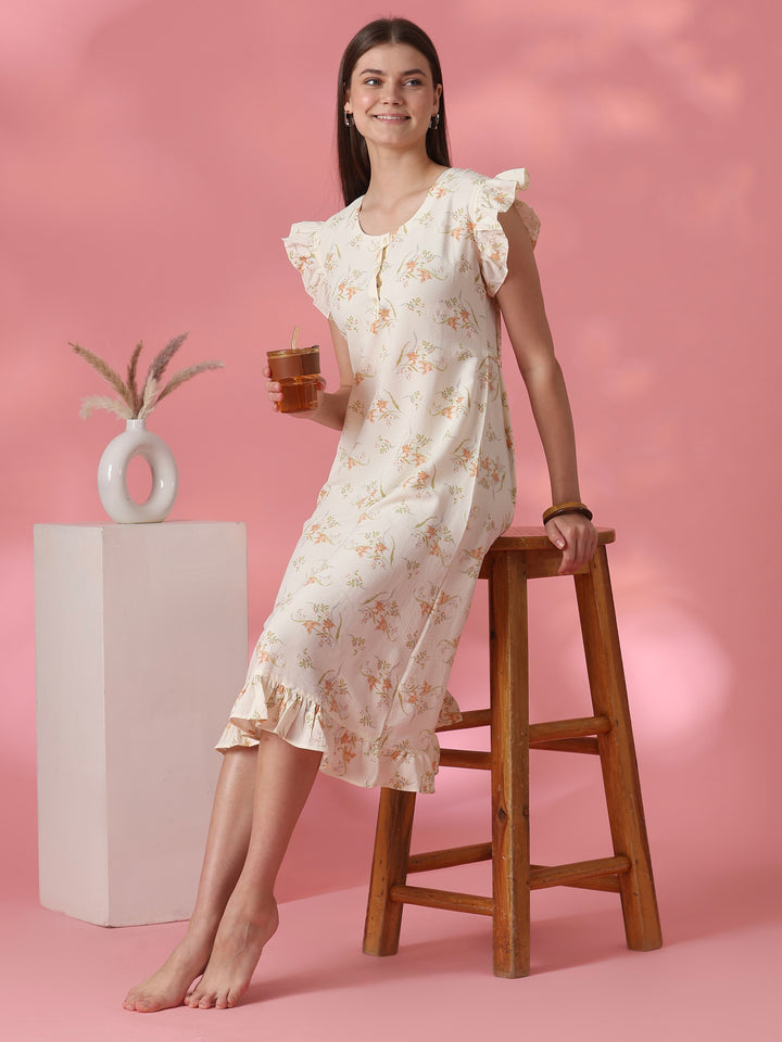 Round Neck Nightdress with Side Pocket in Dreamy Yellow