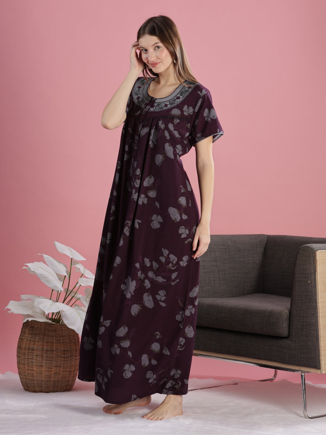 Wine Floral Cotton Maxi Nightdress with Embroidery & Pocket