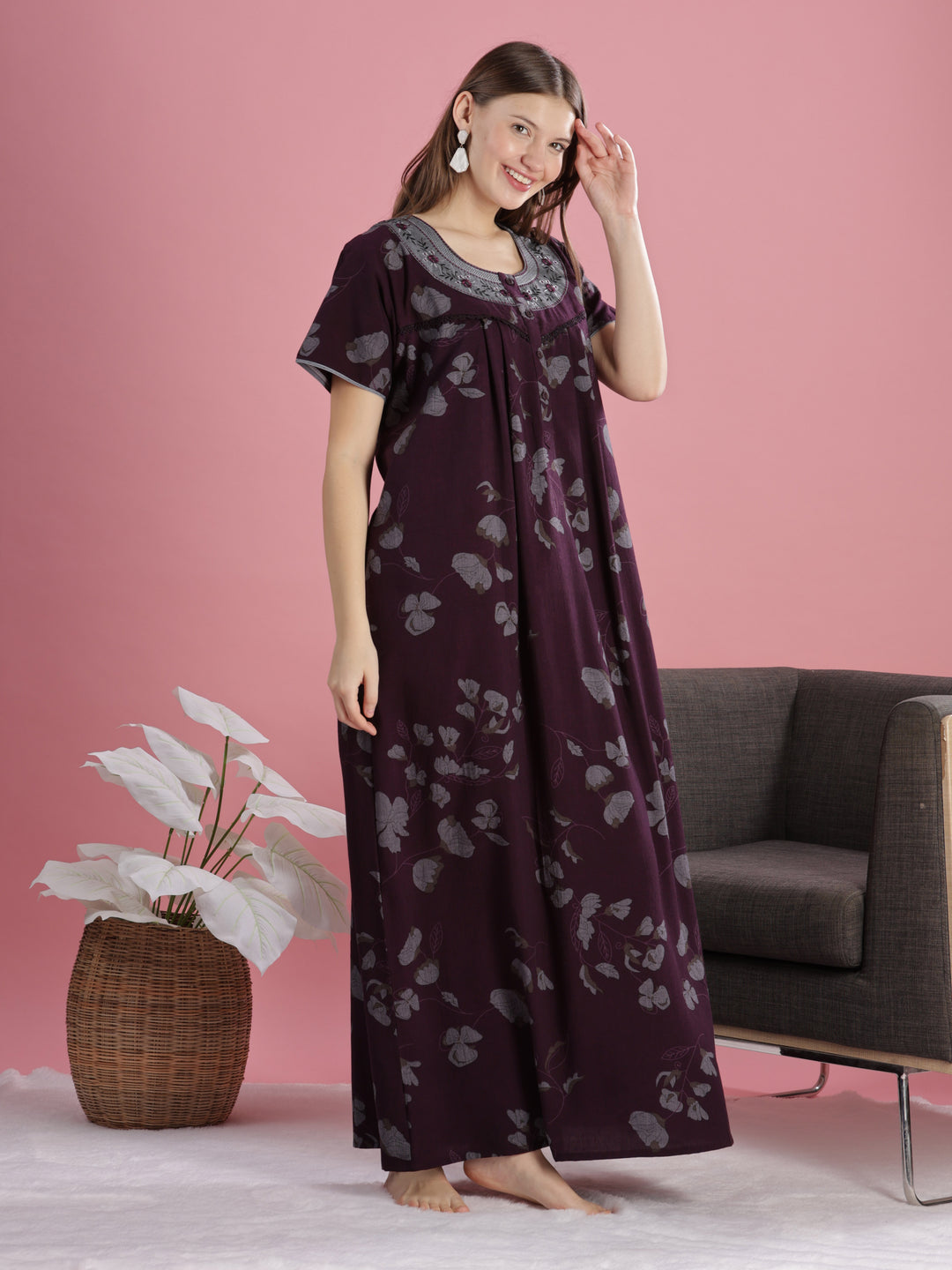 Wine Floral Cotton Maxi Nightdress with Embroidery & Pocket