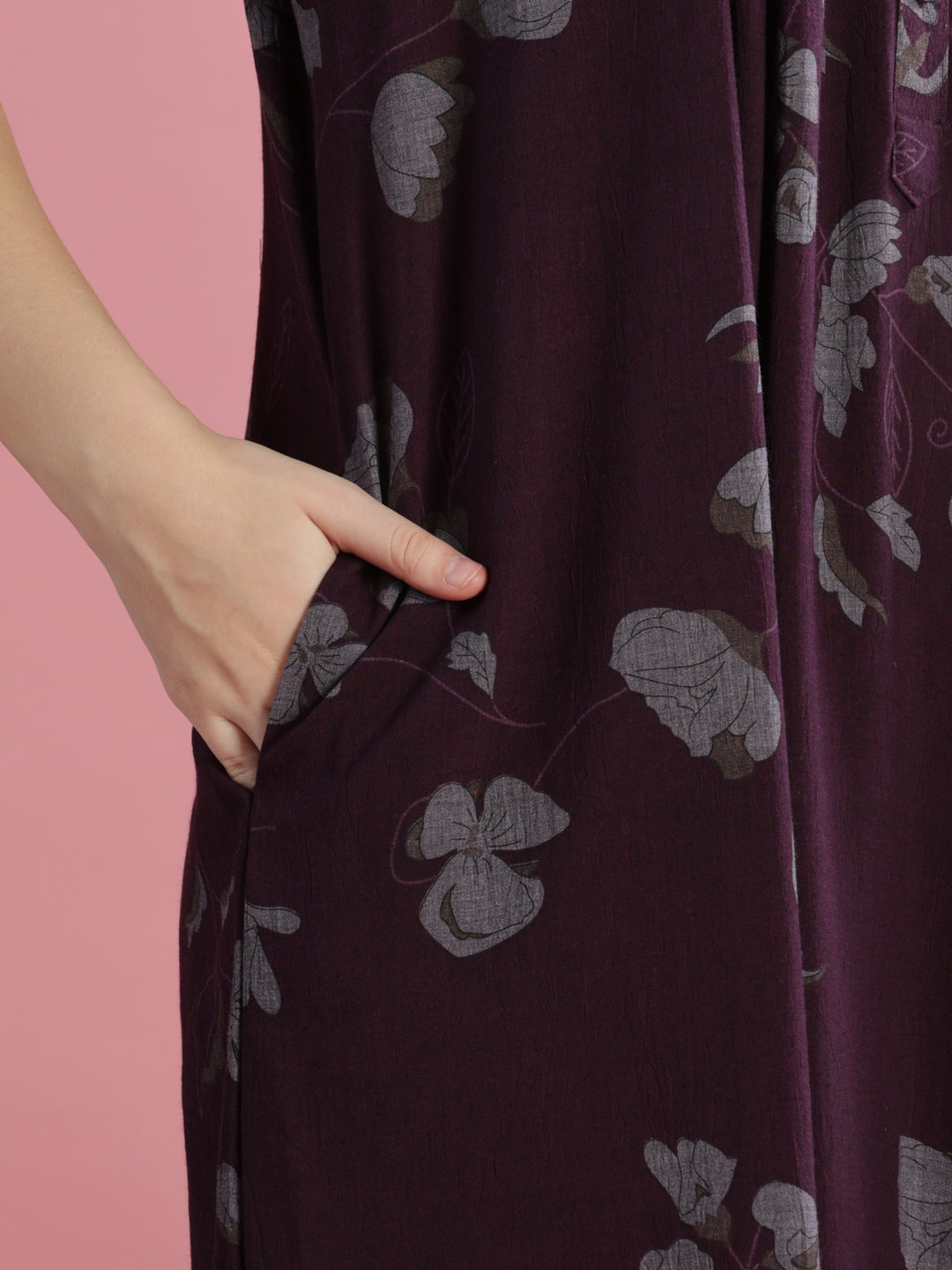 Wine Floral Cotton Maxi Nightdress with Embroidery & Pocket