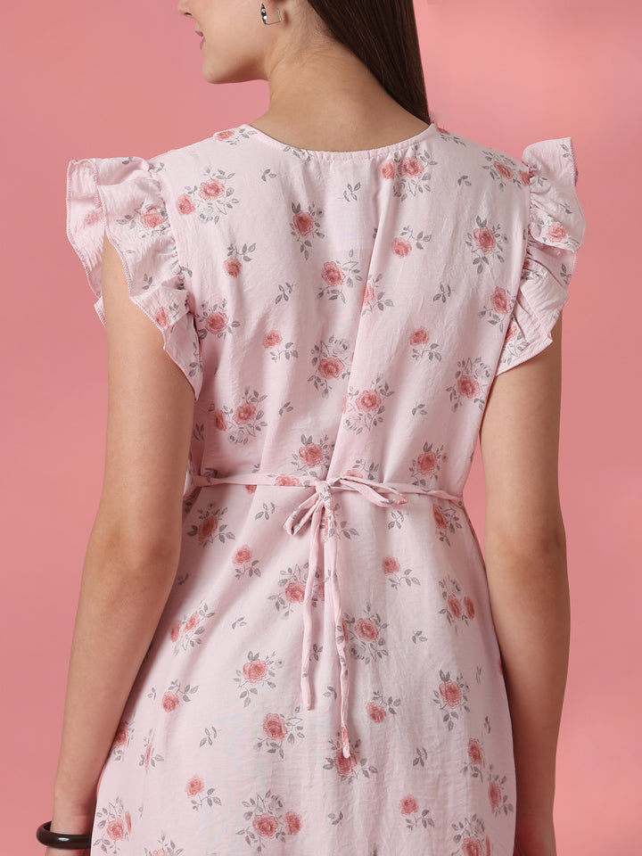 Rose Motif Crush Cotton Nightdress for Women in Rosy Pink