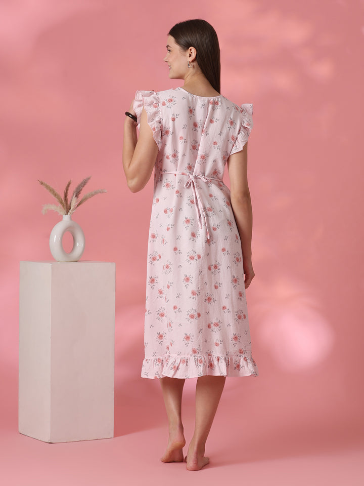 Rose Motif Crush Cotton Nightdress for Women in Rosy Pink