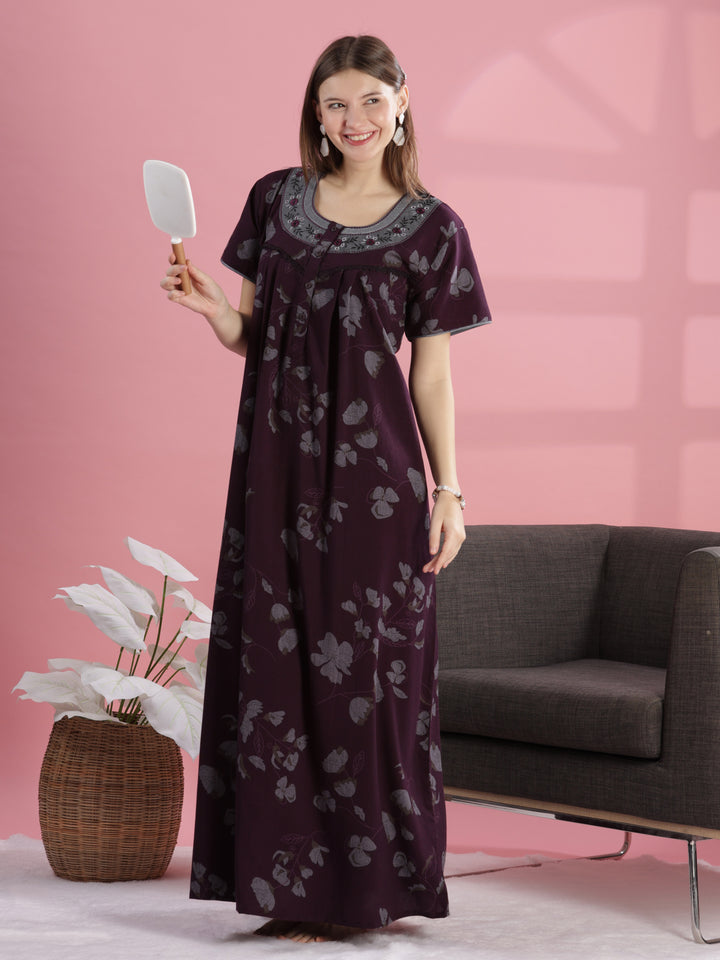 Wine Floral Cotton Maxi Nightdress with Embroidery & Pocket