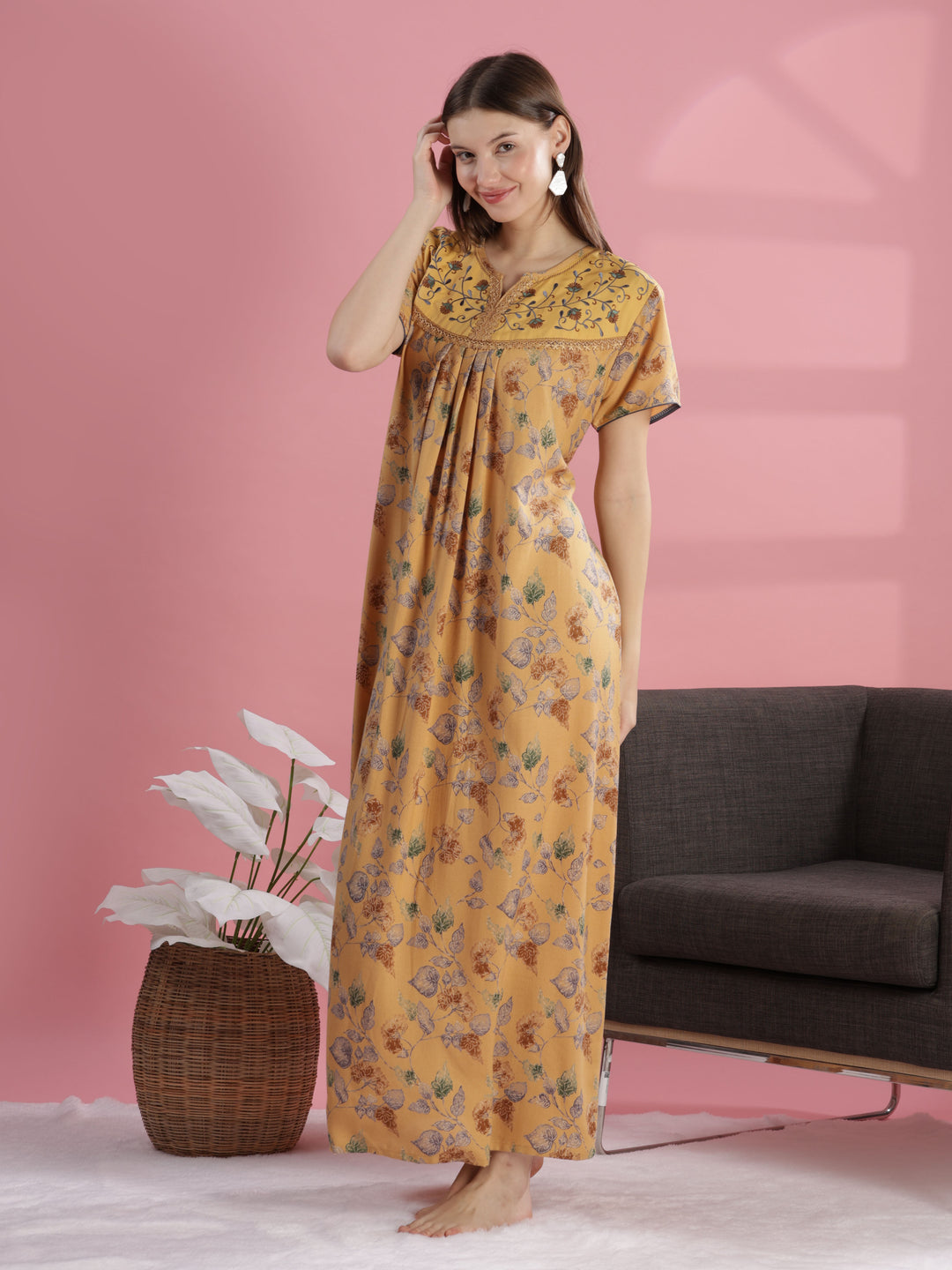 Mustard Yellow Designer Nighty with Embroidery and Pleated Design