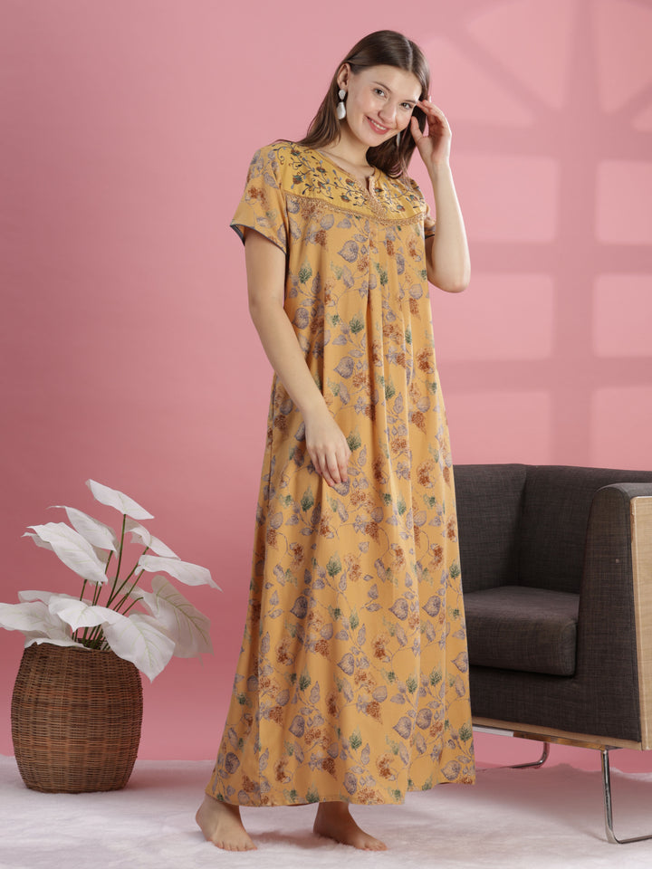 Mustard Yellow Designer Nighty with Embroidery and Pleated Design